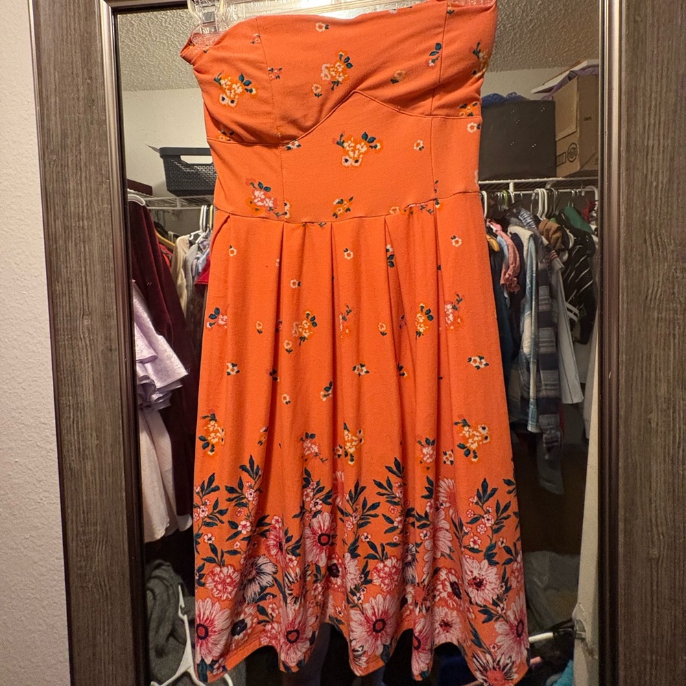 Floral Strapless Orange Dress